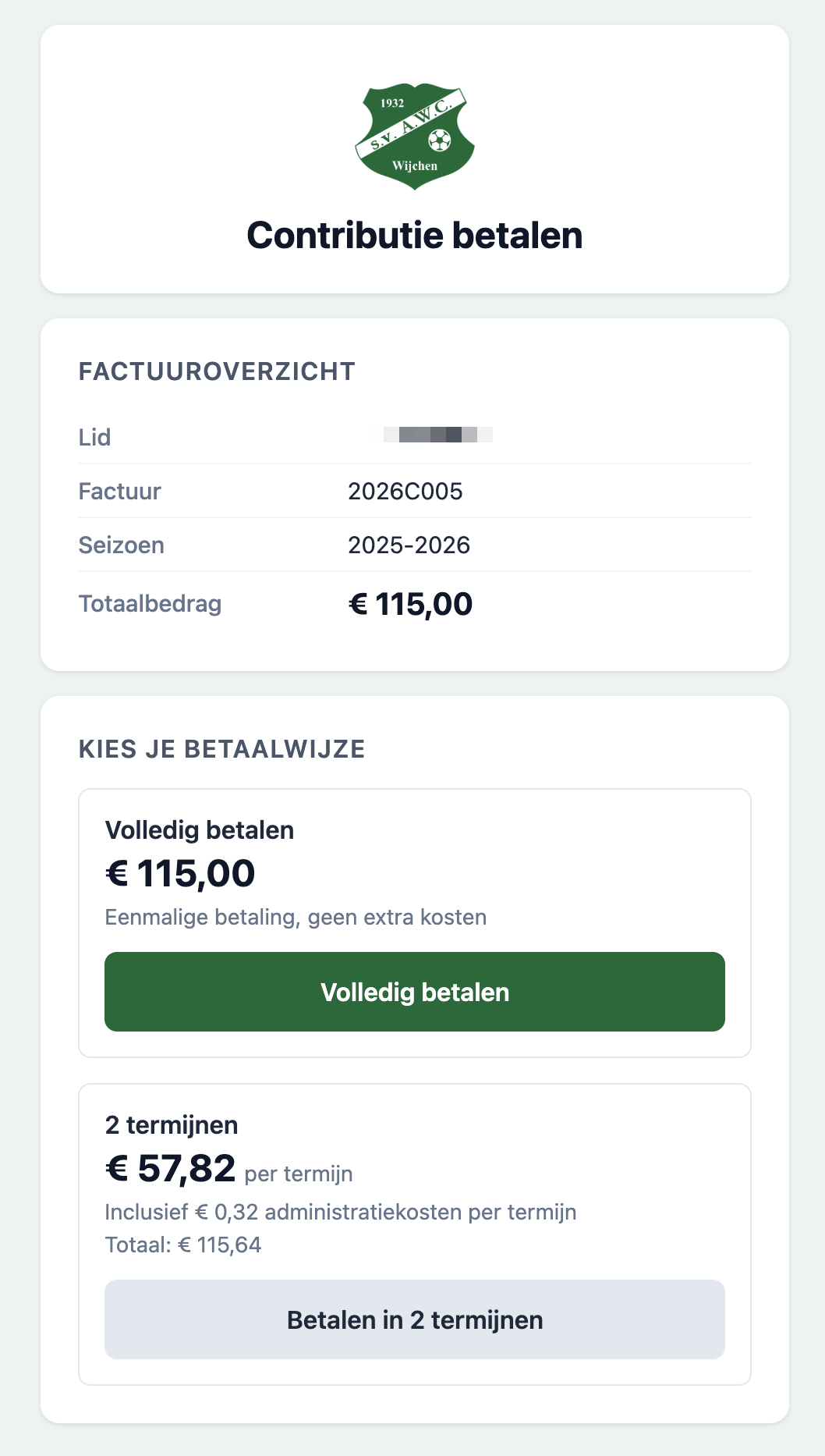 Persoonlijke betaalpagina met keuze voor betaling in termijnen