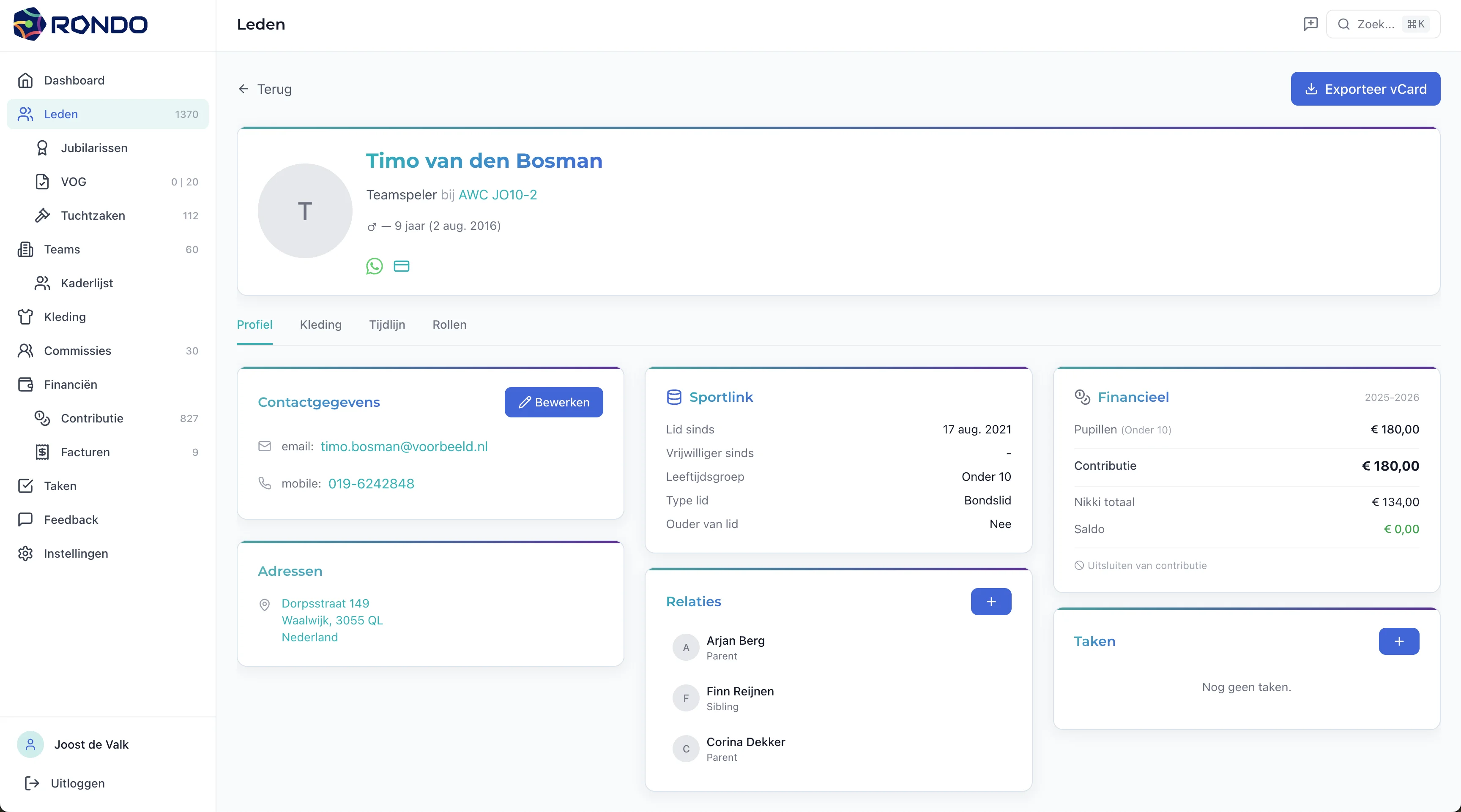 Persoonsdetail in Rondo Club