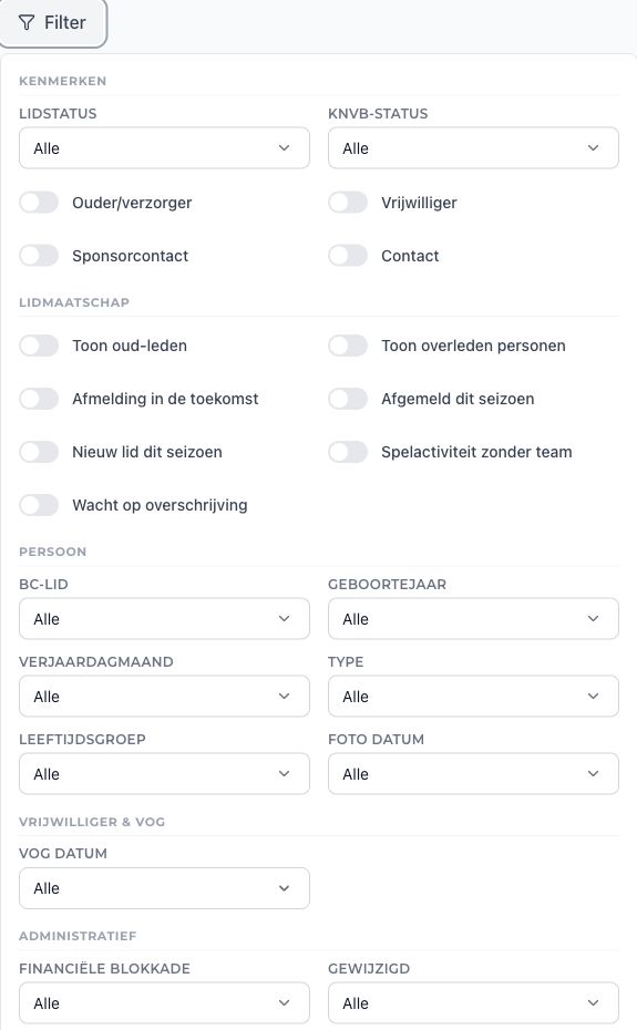 Characteristics filter for member status, KNVB status and overlapping roles